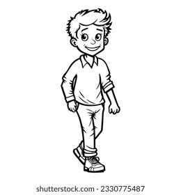 Happy Boy waking coloring page. Back to school concept. Vector illustration