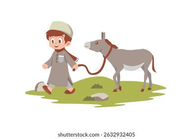 Happy Boy Andando um Burro na Natureza