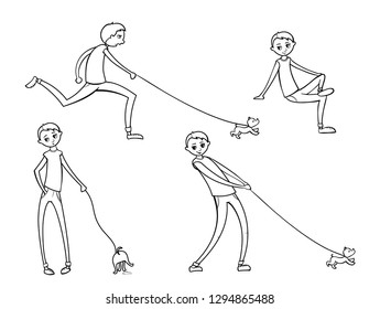 Happy boy walking with funny dog. Illustration in cartoon style. Animal friendship. Coloring book for kids. Vector illustration.