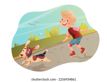 Happy Boy Walking with his Dog in Urban Park, Pet Animal Rollerblading Boy Cartoon Illustration