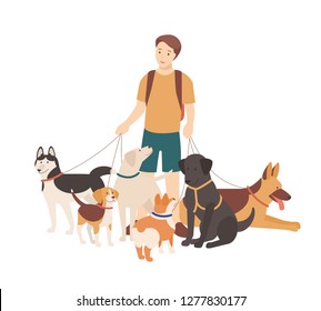 Happy boy walking his purebred dogs on leash. Young smiling guy standing with domestic animals. Cute funny pet owner isolated on white background. Colorful flat cartoon vector illustration.