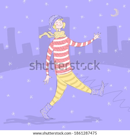 Happy boy walking on a winter night
