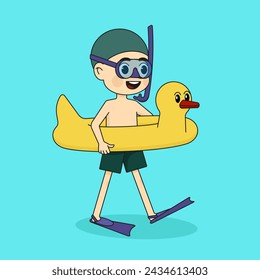 A happy boy walks with an inflatable ring with a duck, and a mask for diving and fins for swimming