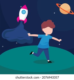 Happy boy want to became astronaut so kid flying with his hands. Vector cartoon illustration