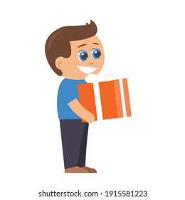 Happy boy wants to give a present. Stands with a gift box. Vector isolated illustration on a white background. Cartoon character.