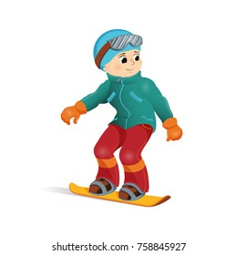 Happy boy in warm clothes snowboarding downhill, winter sport activity, retro style cartoon vector illustration isolated on white background. Happy boy snowboard, winter vacation, outdoor activity