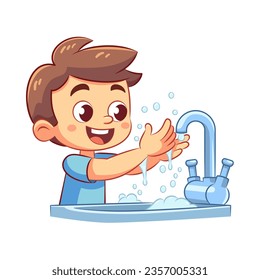 Happy boy is washing his hands to prevent disease at the hand washing sink.Flat Cartoon Vector Illustration.
