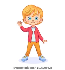 Happy boy waves his hand, greeting. Child on white background, isolated vector illustration.