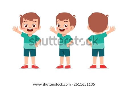 Happy Boy Waving Front and Back Views in Cheerful Mood Illustration
