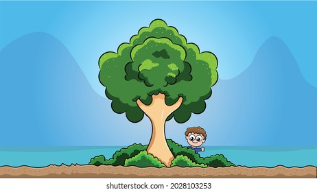 Happy boy waving hand under the tree from behind the bushes vector illustration