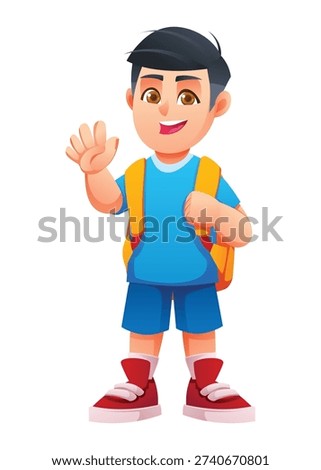 Happy boy waving hello while wearing a backpack. Vector cartoon character illustration