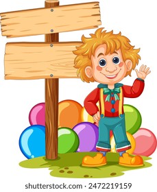 Happy boy waving near colorful balloons