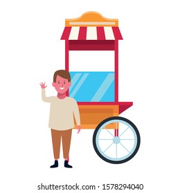 happy boy waving and pop corn cart icon over white background, vector illustration