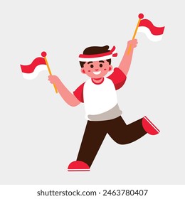 Happy boy waving red and white Indonesia flags, celebrating with joy, wearing casual clothes.