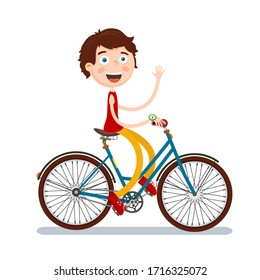 Happy Boy Waving and Riding Bicycle - Vector