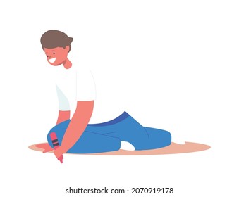Happy Boy with Wax Pencil Sitting on Floor Painting Pictures on Paper or Asphalt. Kid Character Paint Recreation, Child Create Artwork Isolated on White Background. Cartoon People Vector Illustration