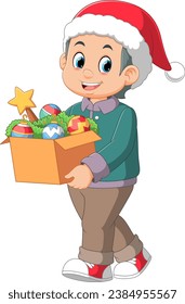 happy boy wear santa hat and carrying box of toys of illustration