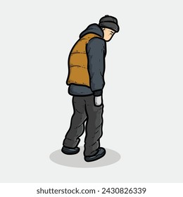 Happy boy wear sweater jacket with beanie shoes in nice pose isolated on grey background vector modern illustrations