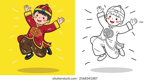 A happy boy wearing chinese traditional suit and jumping to celebrate chinese new year for design element or coloring book element