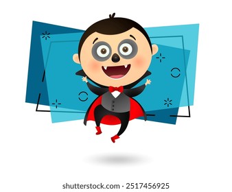 Garoto feliz vestindo traje de Drácula e dançando. Design de convite ou banner. Conceito de festa de Halloween. Ilustração vetorial pode ser usada para cartaz ou folheto