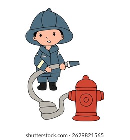 Happy boy wearing fire ighter with the job .Firefighters cartoon character