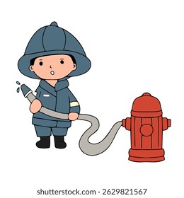 Happy boy wearing fire ighter with the job .Firefighters cartoon character