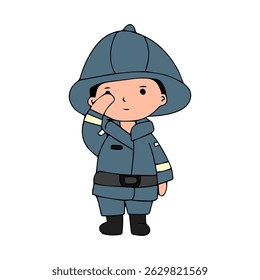 Happy boy wearing fire ighter with the job .Firefighters cartoon character