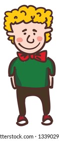 A happy boy wearing green sweater red bow neck tie and shoe vector color drawing or illustration 