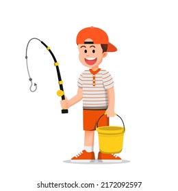 happy boy wearing a hat and holding a bucket and fishing rod