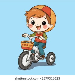 A happy boy wearing an orange cap and a green shirt is riding a tricycle with a small basket on the front. The background is a light blue color.