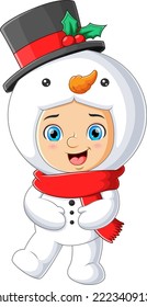 The happy boy is wearing and playing with the snowman costume of illustration