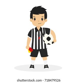 Happy Boy Wearing Soccer Referee Jersey With A Whistle Hanging Around The Neck. His Right Hand Holding Red And Yellow Card, And His Left Hand Holding A Soccer Ball Cartoon Vector