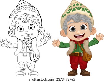 A happy boy wearing winter celebration clothes in a cartoon style