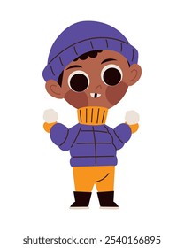 Muchacho feliz que lleva la ropa del invierno aislada