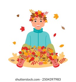 A happy boy wearing a wreath of leaves on his head is sitting in a pile with colorful leaves. Leaf fall. The autumn season. Vector illustration in a flat style on a white background.