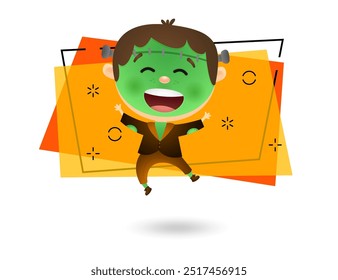 Happy boy wearing zombie costume and dancing. Invitation or banner design. Halloween party concept. Vector illustration can be used for poster or leaflet