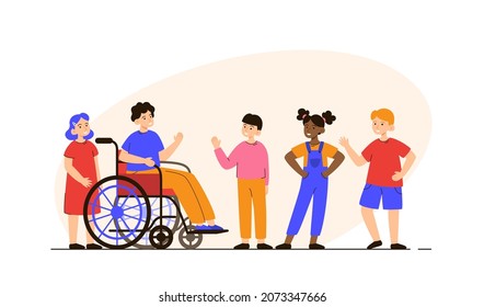 Happy boy in a wheelchair with group of friends. Support, diversity, inclusion and disabilities concept. Modern flat vector illustration