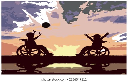 Happy boy in wheelchair playing with kids sunset. Concept happy boy disabled. world disability day