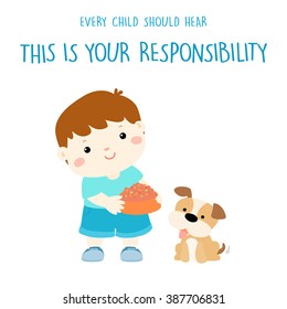 Happy boy who is responsible for feeding his dog cartoon vector illustration