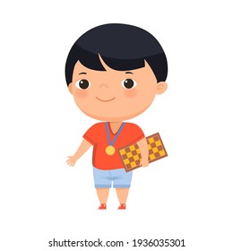 Happy Boy Winner with Gold Medal and Chessboard Vector Illustration