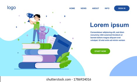 Happy boy winning golden cup for robot. Engineering, study, book flat vector illustration. Technology and contest concept for banner, website design or landing web page