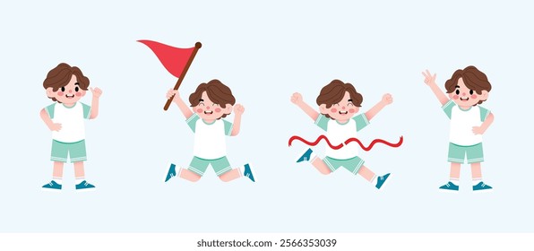 Happy Boy Winning a Race Cartoon Illustration of Child Celebrating Victory Running Holding Flag
