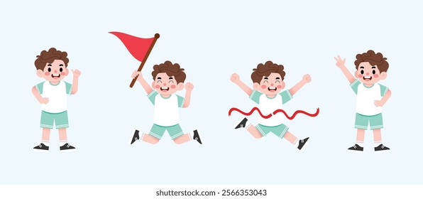 Happy Boy Winning Race Jumping Holding Flag Celebrating Victory Cartoon Illustration