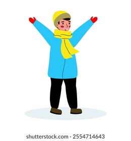 Happy boy in winter clothes joyfully raises his hands. Vector illustration isolated on white background.