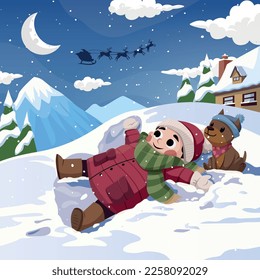Happy boy in winter clothes lying in snow with puppy and making santa show himself. Winter New Year's Holiday.