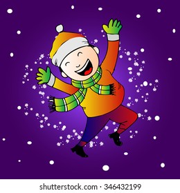 Happy boy in winter clothing, snow falls,  cartoon vector