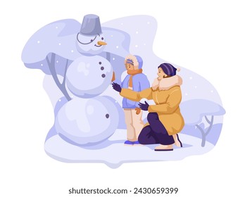 Happy boy with woman making snowball, snowy winter weather, funny character, christmas season, cute cartoon design, holiday leisure, outdoor activity, wintertime game. Vector illustration