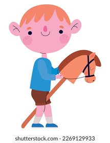 happy boy with a wooden horse over white