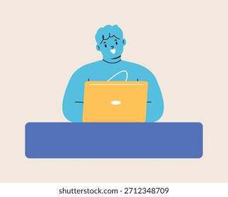 Garoto feliz trabalhando no computador. Ilustração vetorial colorida