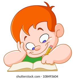 Happy boy writing in a school notebook